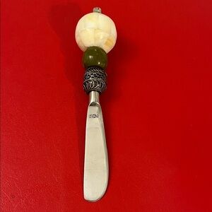 Decorative Beaded Butter Knife - Cream & Olive Handle 7.75” L